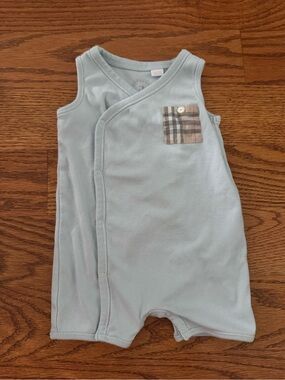 Burberry Light Blue Sleeveless Baby Romper with Plaid Pocket